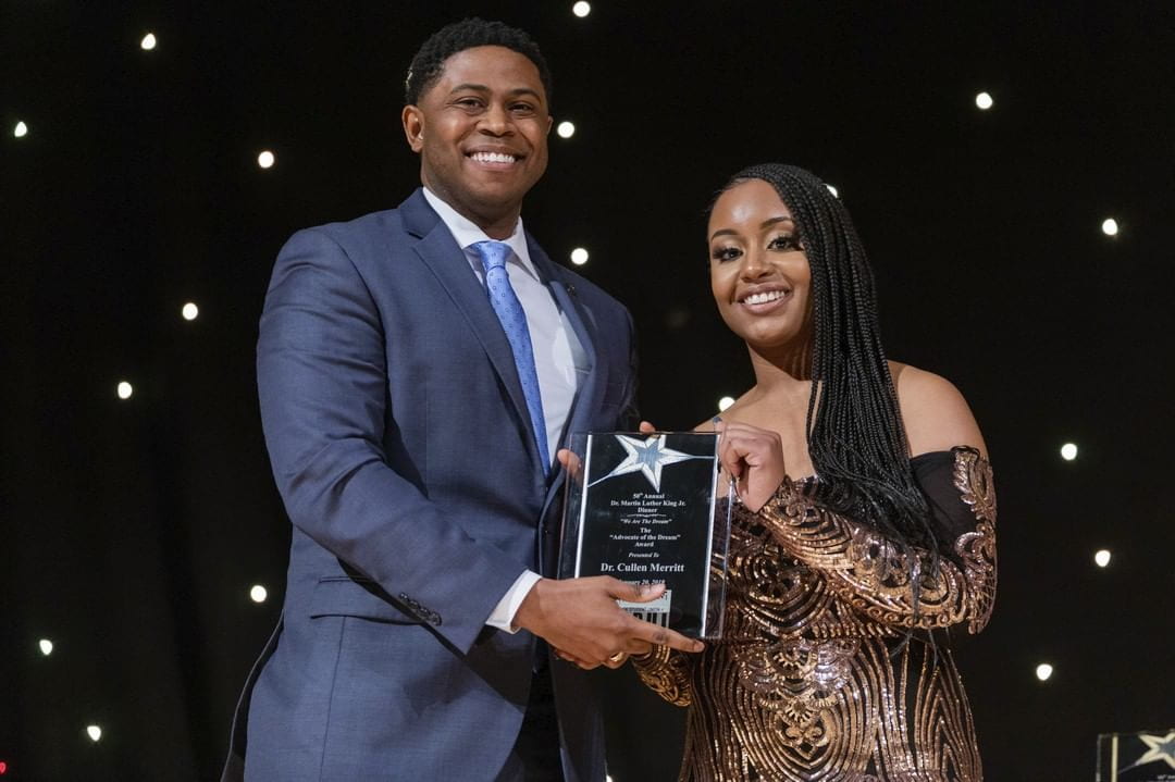 O'Neill Assistant Professor Cullen Merritt receives the "Advocate of a Dream" Award from IUPUI's Black Student Union.