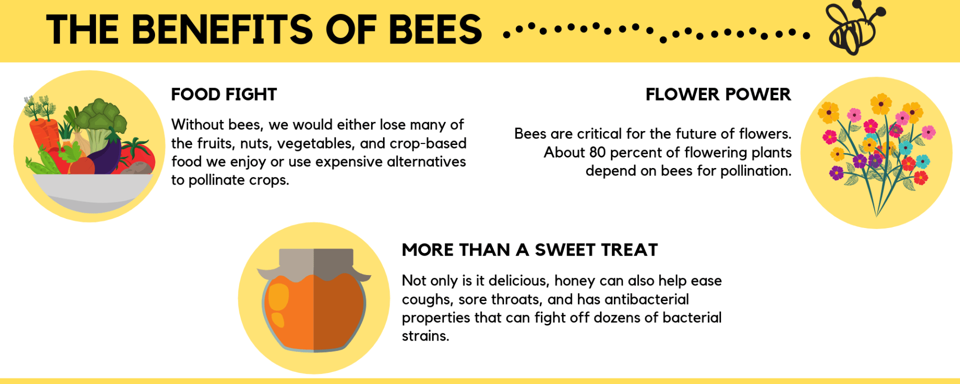 Benefits of Bees: 1) Without bees we would either lose many of the fruits, nuts , vegetables, and crop-based food we enjoy or use expensive alternatives to pollinate crops, 2) Not only is it delicions, honey can also help ease coughs, sore throats, and has antibacterial properties that can fight off dozens of bacterial strains, 3) Bees are critical for the future of flowers. About 80 percent of the flowering plants depend on bees for pollination.