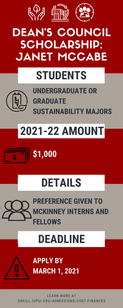 undergrad or grad sustainability students are eligible for $1,000. Preference given to mckinney interns and fellows. apply by march 1, 2021.