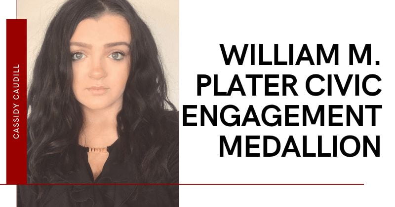 woman wearing black shirt with dark hair. Graphic says William M. Plater Civic Engagement Medallion