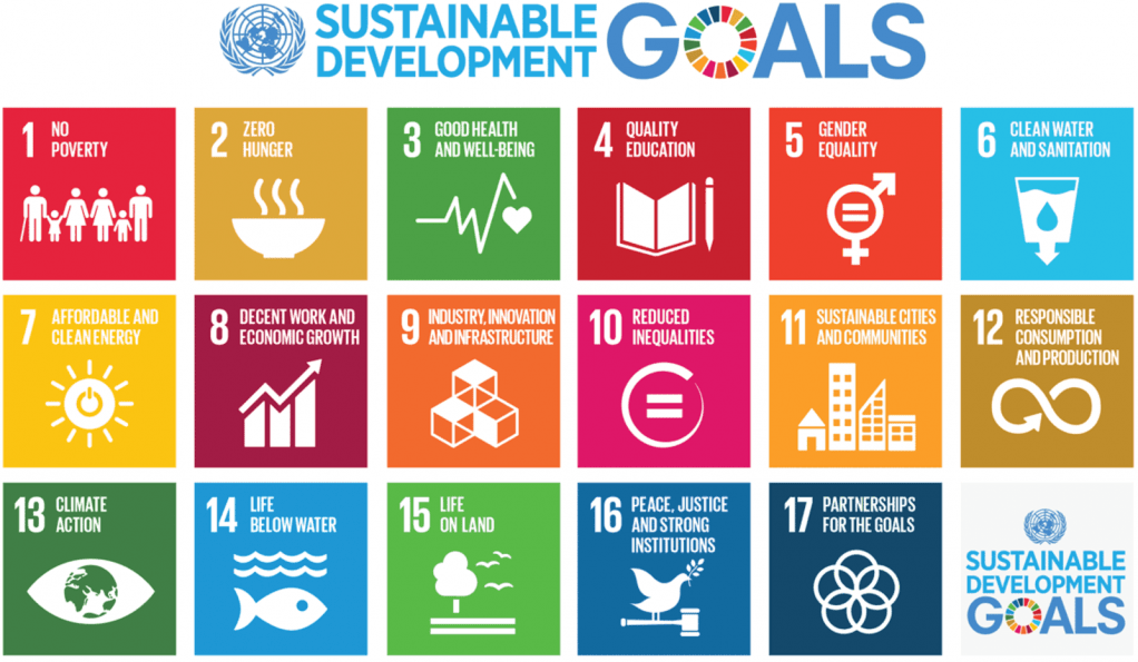 17 goals: no poverty, zero hunger, good health, quality education, gender equality, clean water, clean energy, economic growth, industry and infrastructure, reduced inequities, sustainable communities, responsible consumption, climate, life below water, life on land, peace, partnerships