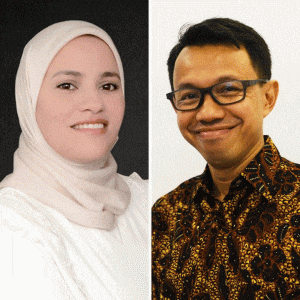 Two headshots. On the left, a woman wearing a white hijab smiles. On the right, a man wearing glasses and a button-up shirt smiles.