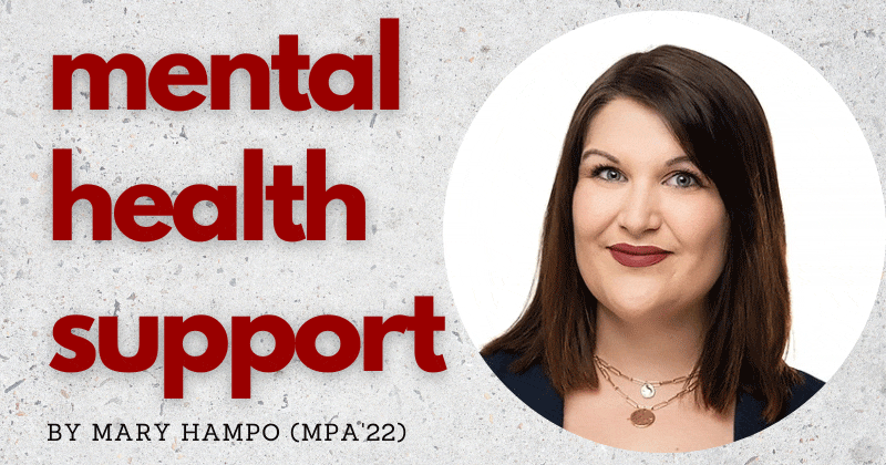 Text reading Mental Health Support next to headshot of woman with dark hair smiling