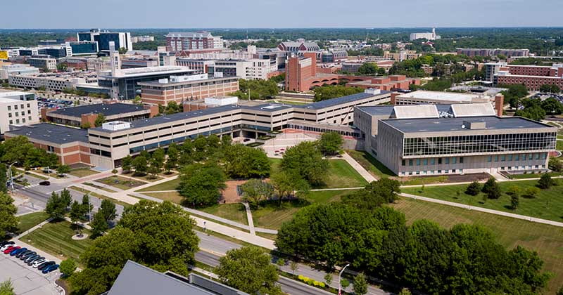Aerial photo of buildings on the IUPUI campus with the O'Neill school building in the center.